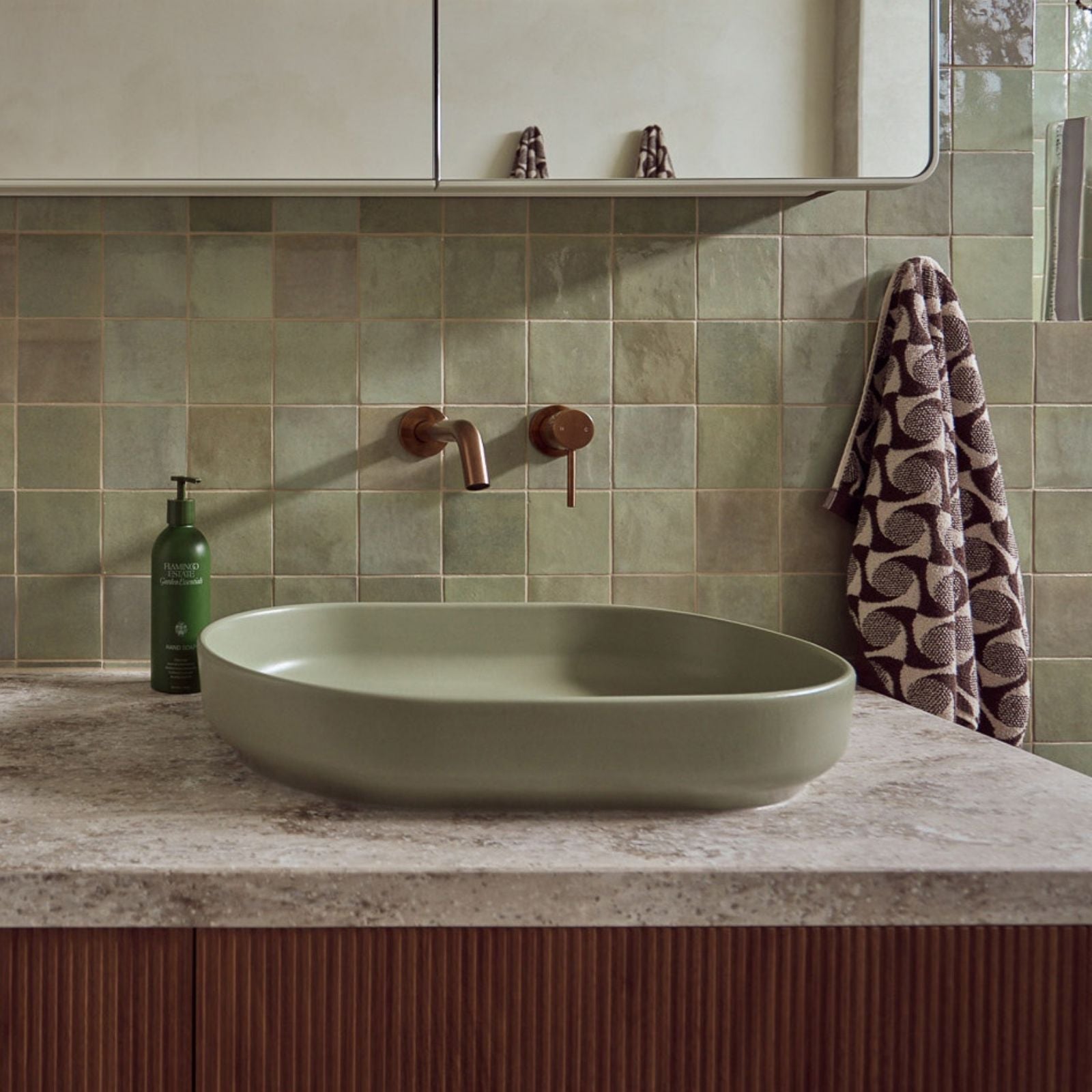 Lifestyle ADP Marilyn 550 x 350 Above Counter Basin Matte Olive TOPCMAL550MO - The Blue Space