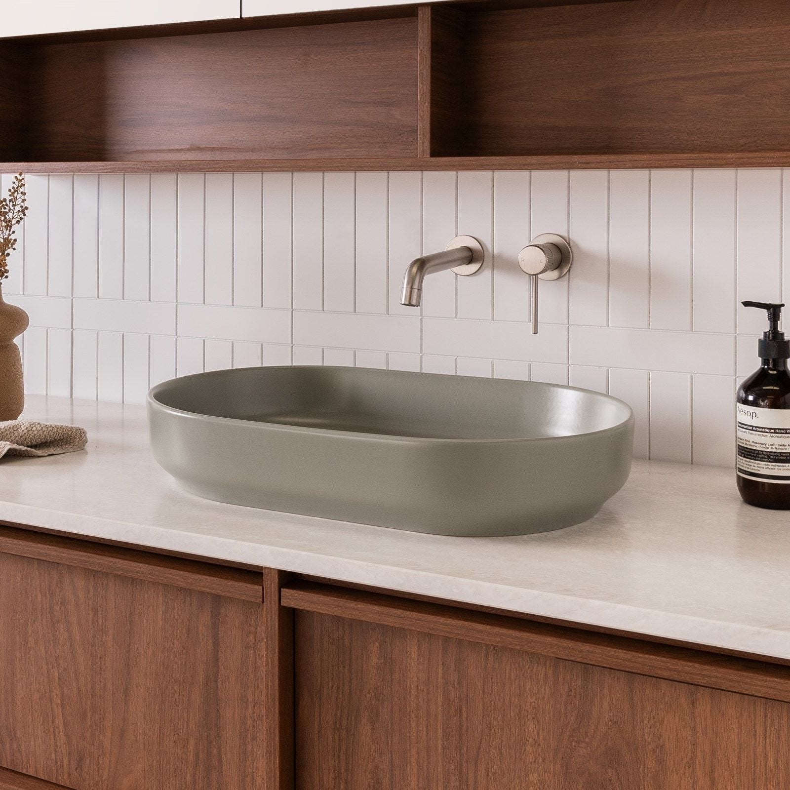 Lifestyle ADP Marilyn 550 x 350 Above Counter Basin Matte Olive TOPCMAL550MO - The Blue Space