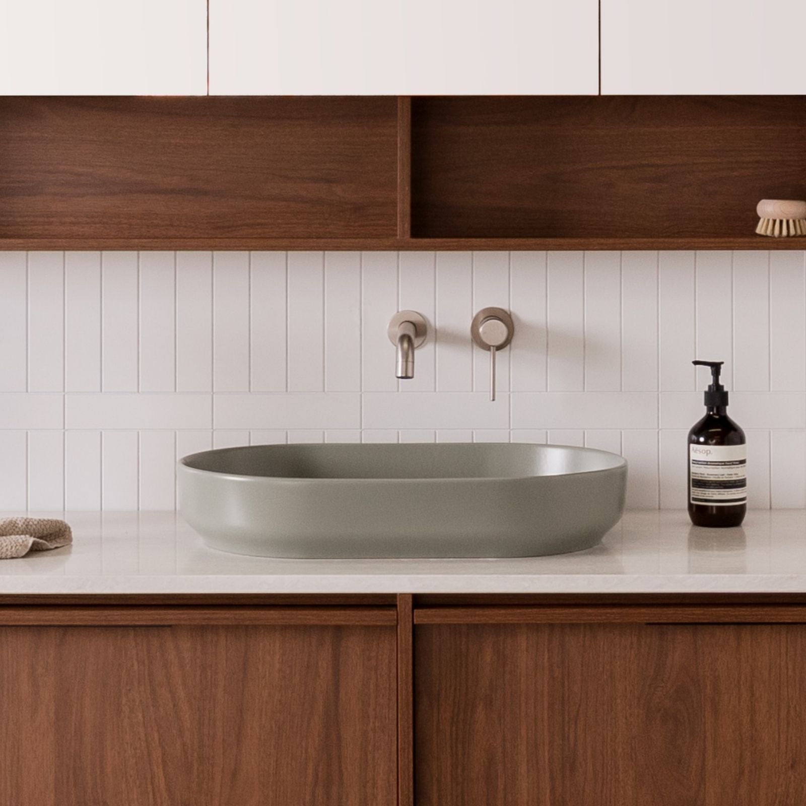 Lifestyle ADP Marilyn 550 x 350 Above Counter Basin Matte Olive TOPCMAL550MO - The Blue Space
