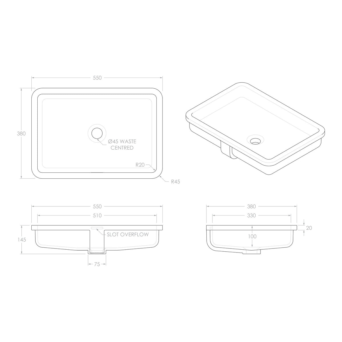 Technical Drawing ADP Miranda 550 x 380 Under Counter Basin - Gloss White TOPCMIR5538GW - The Blue Space