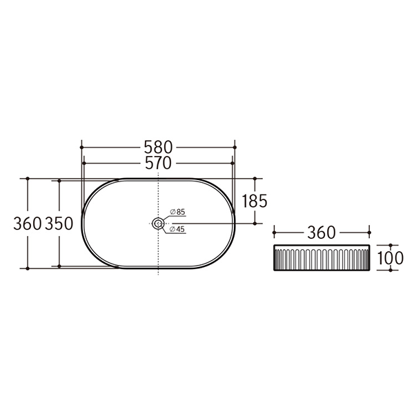 ADP Pill Fluted Above Counter Basin - The Blue Space - Technical Drawing