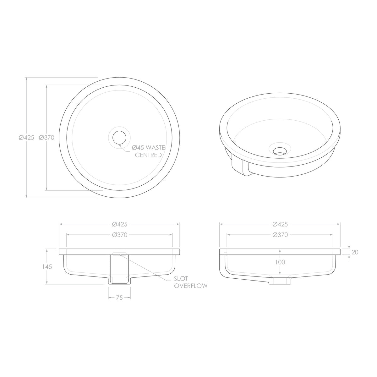 Technical Drawing ADP Samantha 425 Under Counter Basin - Gloss White TOPCSAM4242GW - The Blue Space