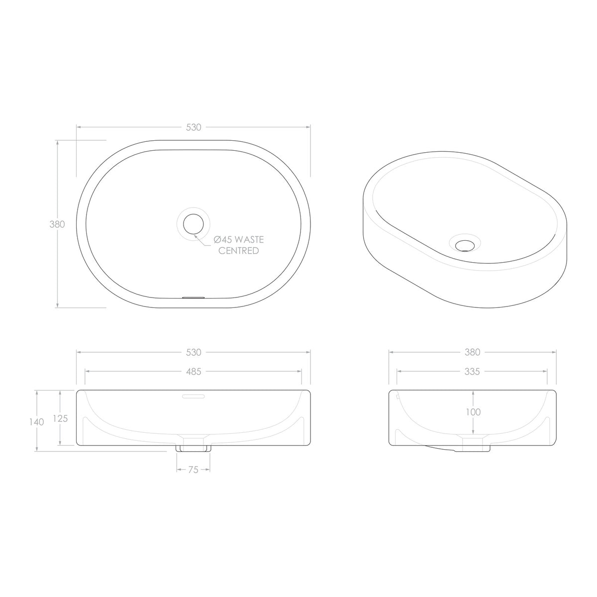 Technical Drawing ADP Werri 530 x 380 Above Counter Basin - Matte White TOPCWER5338MW - The Blue Space