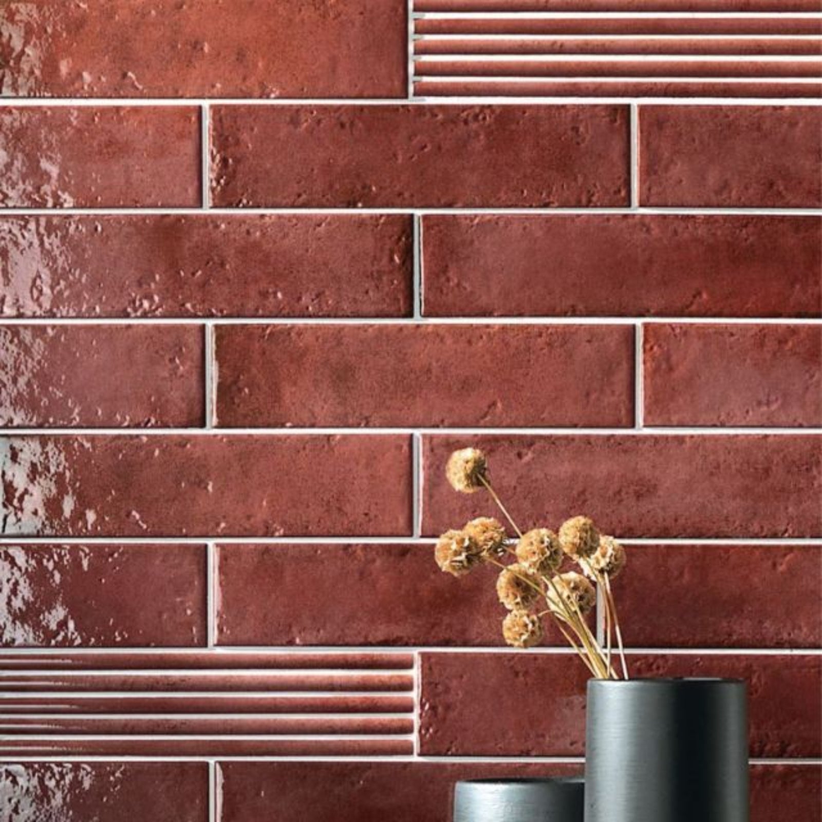 Lifestyle Antique Red Andrea Subway Tile Textural Gloss 75 x 300 x 8mm Italian Porcelain - The Blue Space