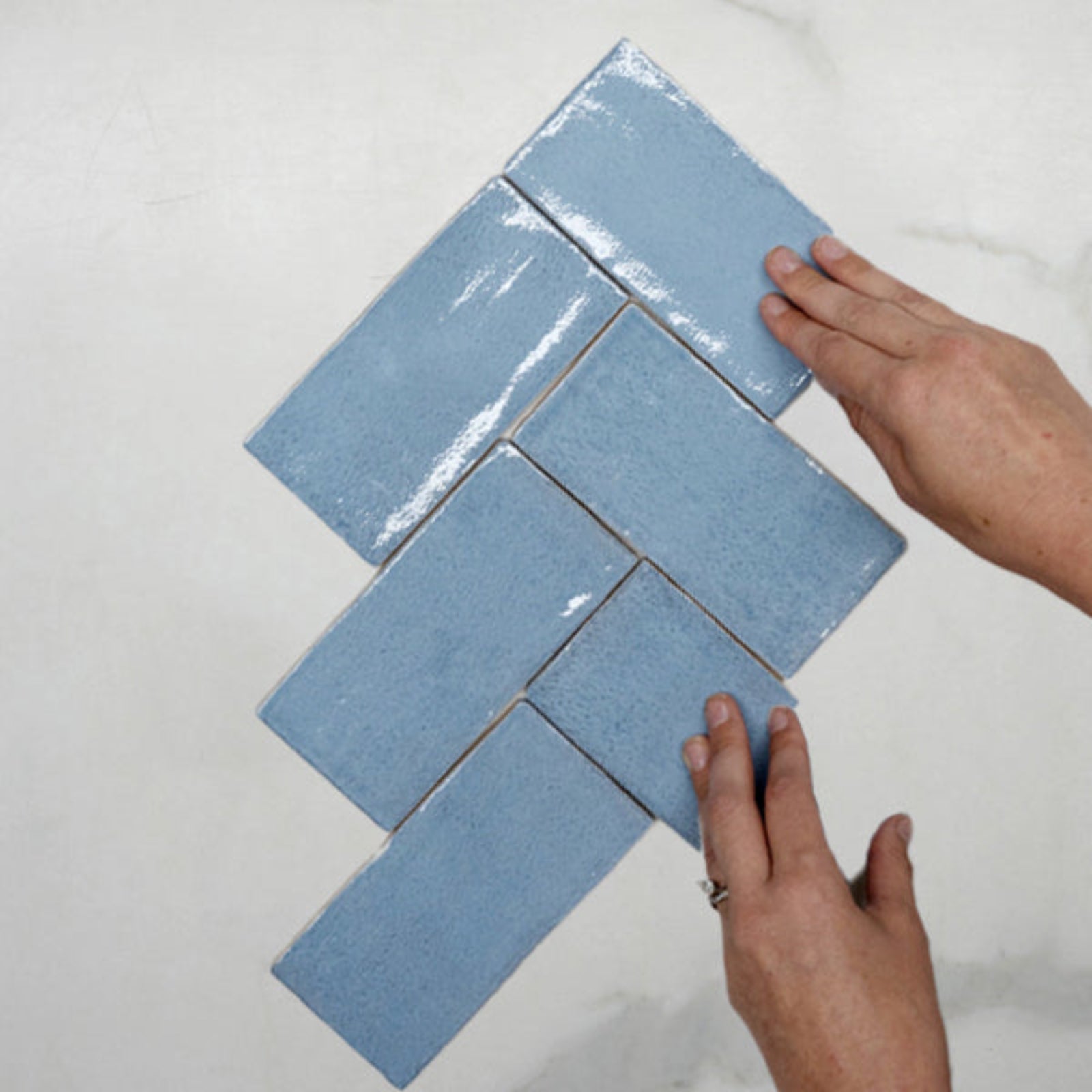 Fishbone With Hand Ash Blue Dianna Hand Made Subway Tile 75 x 150 x 9mm Spanish Ceramic  - The Blue Space