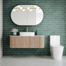 Bao Elegant Raised Height Rimless Back to Wall Toilet Suite with dianna green tiles and ingrain curved vanity