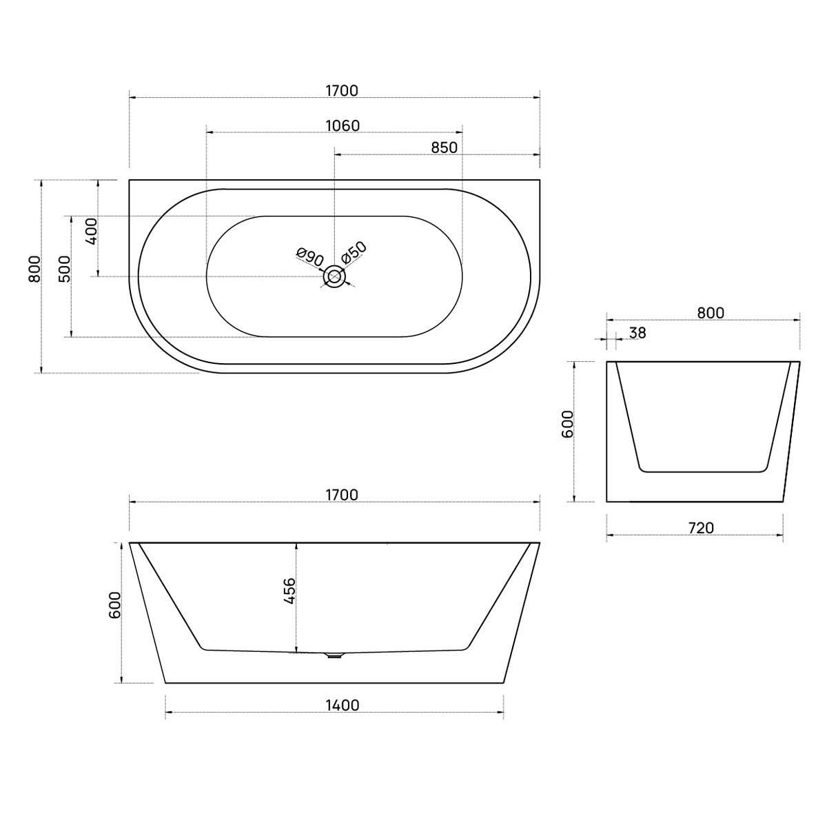 Bao Bon Back to Wall 1700mm bath dimensions - The Blue Space