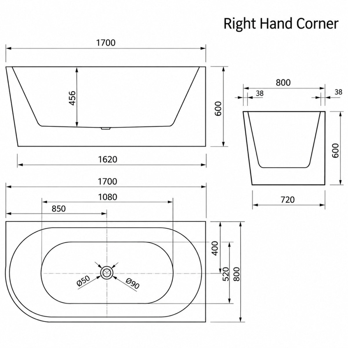 RH Line Drawing Bao Bon 1700mm Back to Corner Bath BAO500317R - The Blue Space