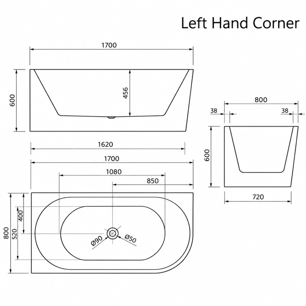 LH Line Drawing Bao Bon 1700mm Back to Corner Bath BAO500317R - The Blue Space