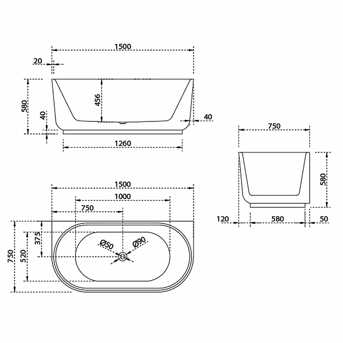 New Line Drawing Bao Elegant 1500mm Back to Wall Bath BAO200115 - The Blue Space