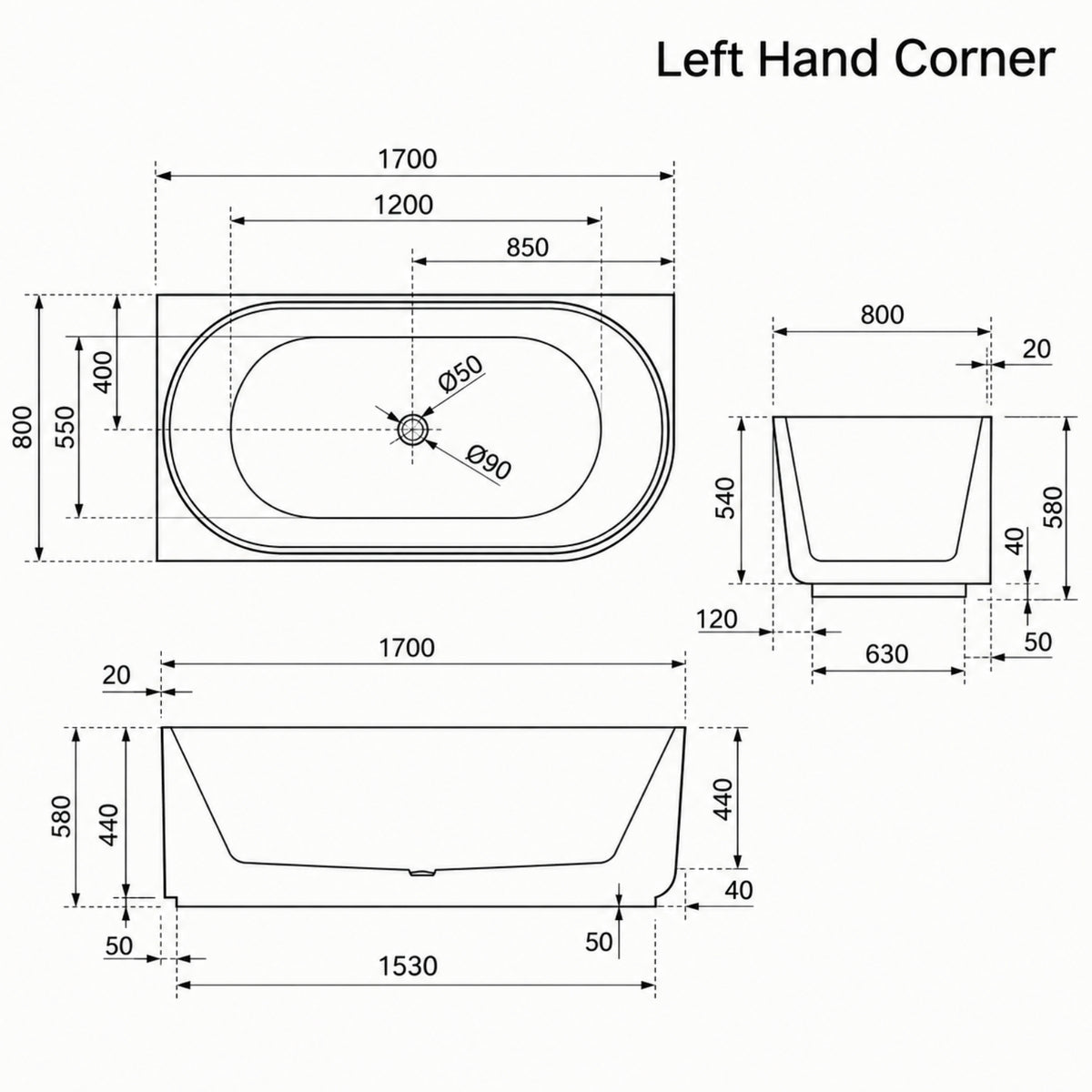 LH Line Drawing Bao Elegant 1700mm Back to Corner Bath - Matte White BAO200217RM - The Blue Space