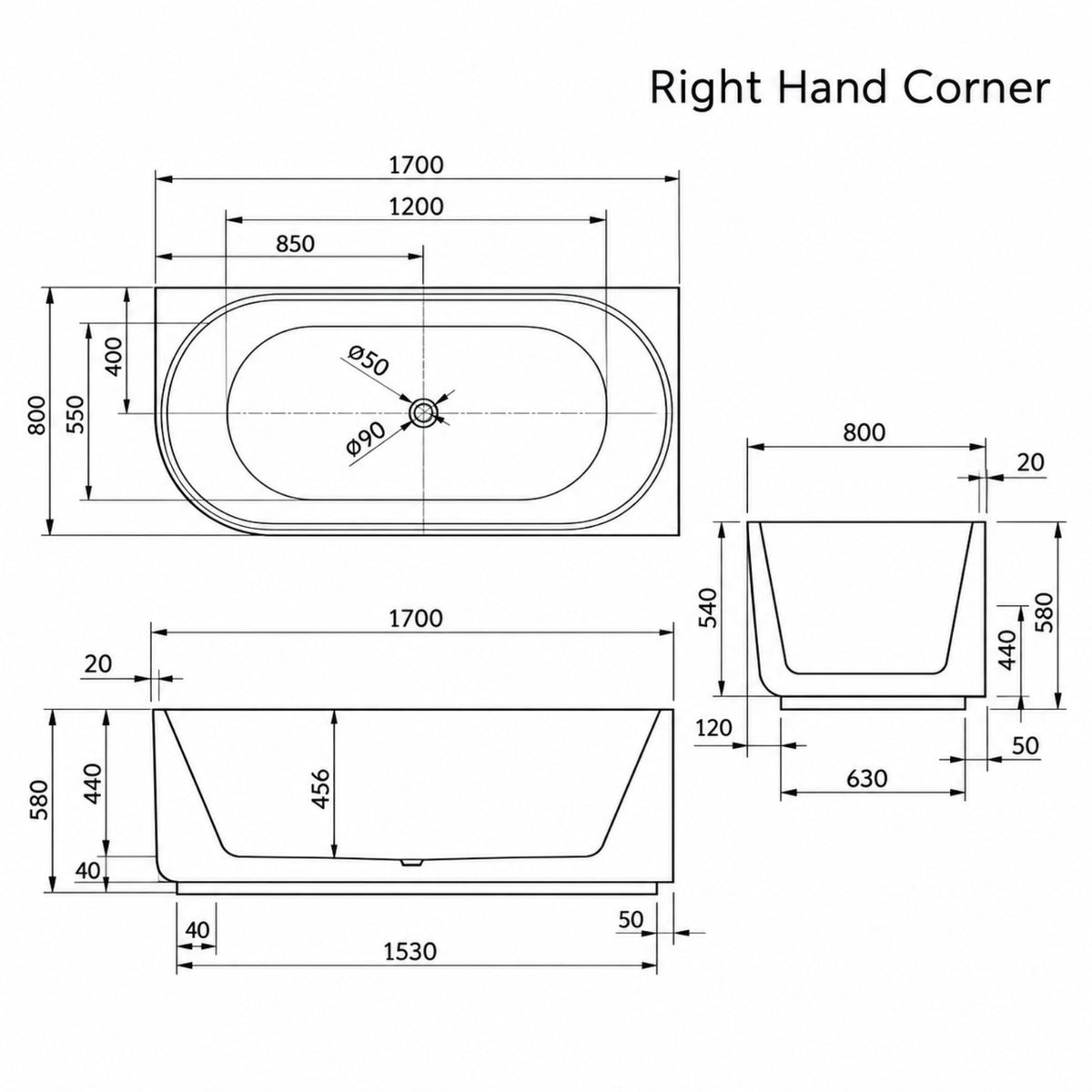 RH Line Drawing Bao Elegant 1700mm Back to Corner Bath - Matte White BAO200217RM - The Blue Space