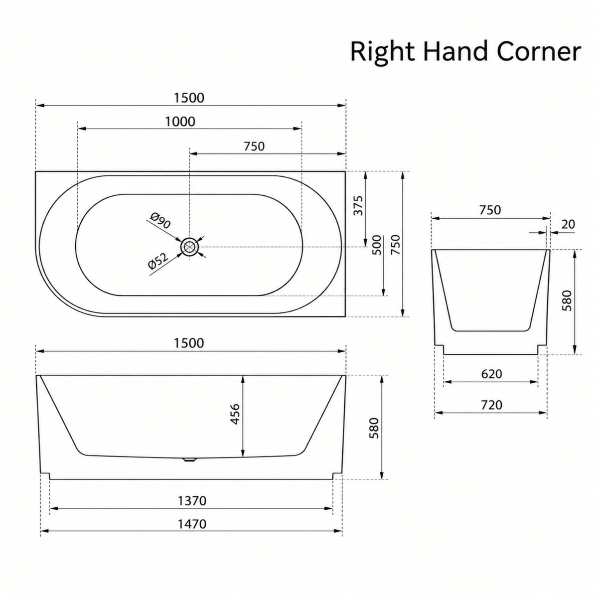 RH Line Drawing Bao Fluted 1500mm Back to Corner Bath - Matte White BAO100215R - The Blue Space