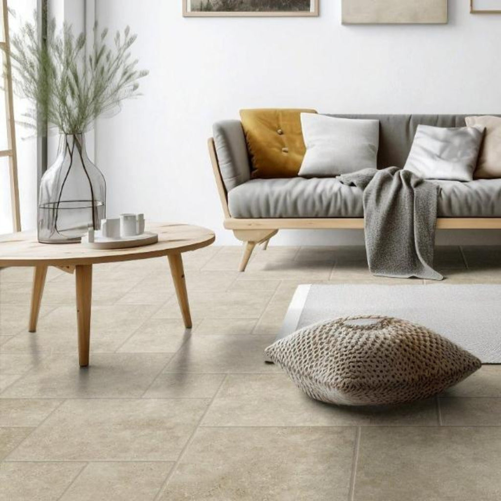 Beige Amara Travertine Tile Matt French Pattern Porcelain — The Blue Space