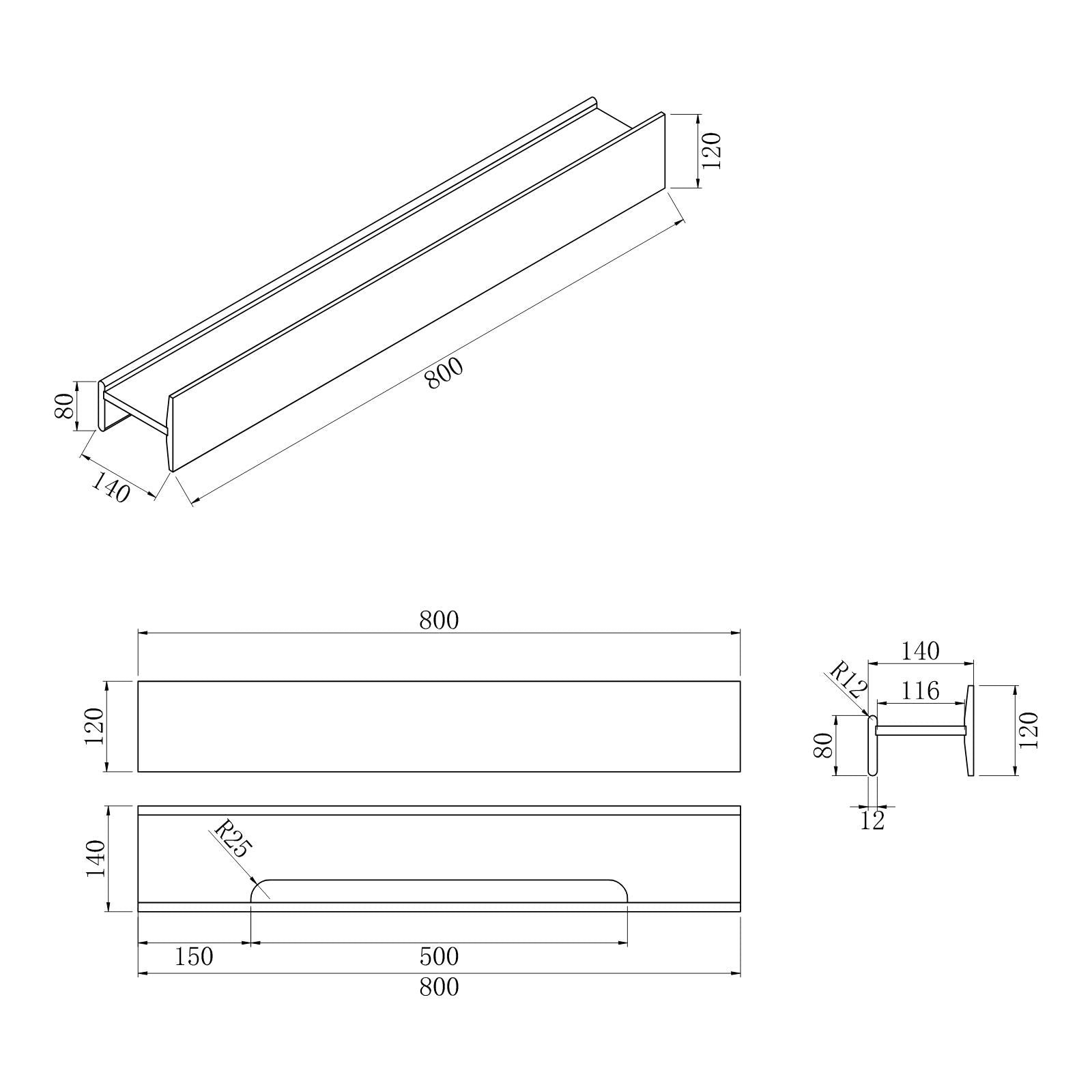 Technical Drawing Bel Bagno H Collection Shelf 800 BB-H-800-MW - The Blue Space