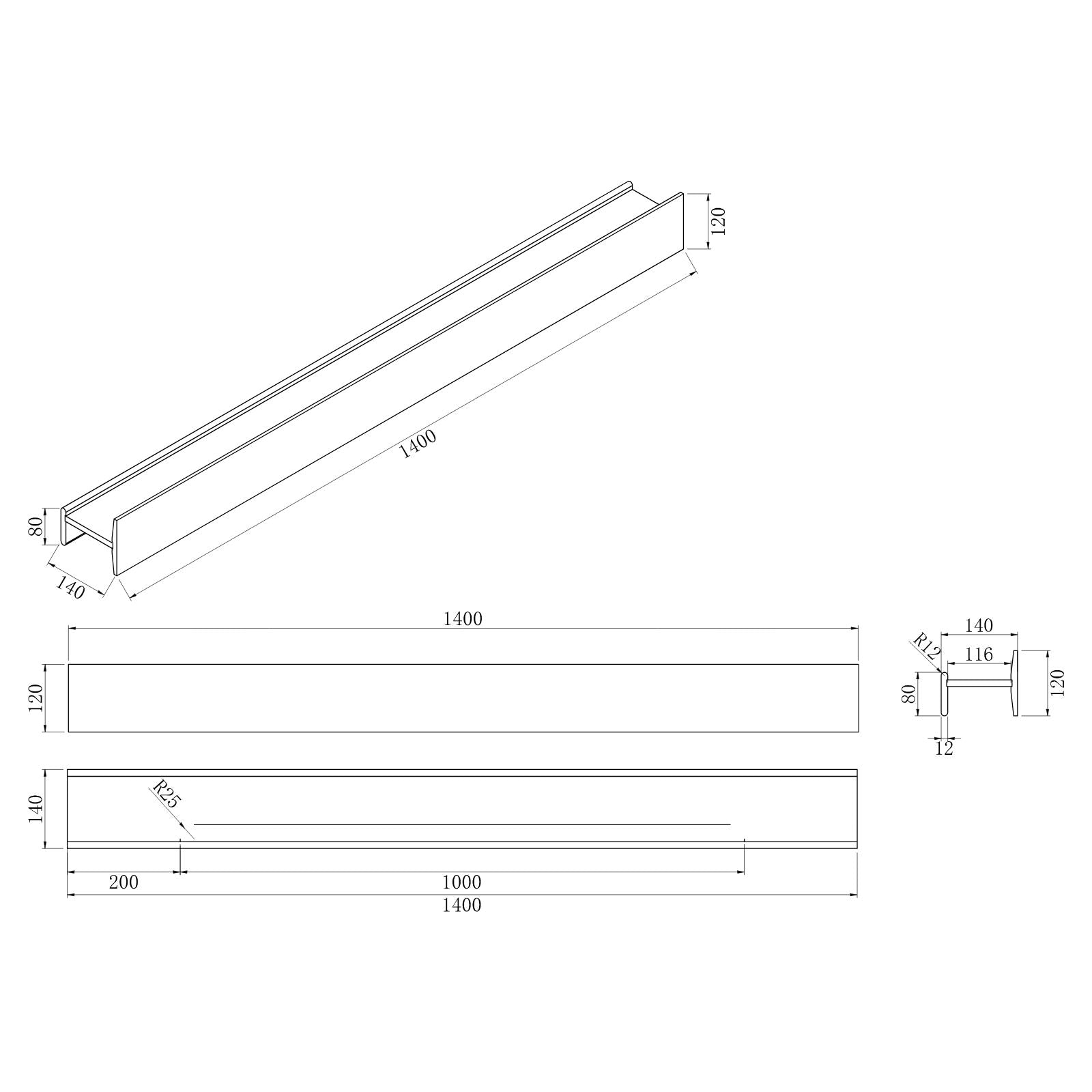 Technical Drawing BelBagno H Collection Shelf 1400 BB-H-1400-MW - The Blue Space