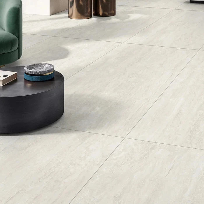 Bianco Josie Cross Cut Travertine Tile Tech grip 600 x 600 x 10mm Porcelain