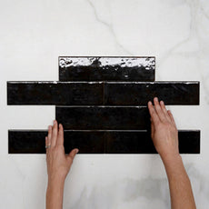 Pattern With Hand Black Andrea Subway Tile Textural Gloss 75 x 300 x 8mm Italian Porcelain  - The Blue Space