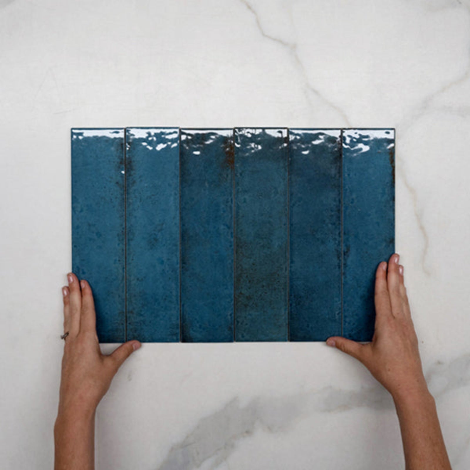Looks With Hand Blue Andrea Subway Tile Textural Gloss 75 x 300 x 8mm Italian Porcelain  - The Blue Space