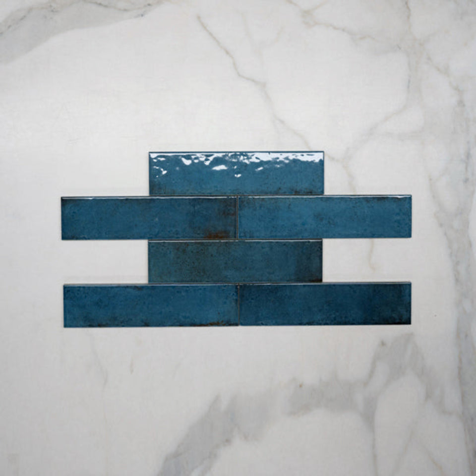 Blue Andrea Subway Tile Textural Gloss 75 x 300 x 8mm Italian Porcelain