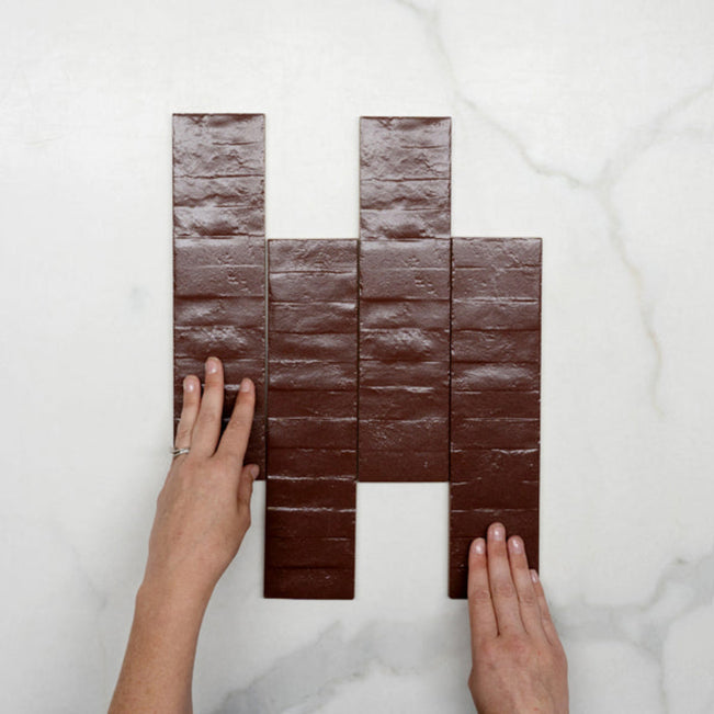 Pattern With Hand Burgundy Olivia Feature Subway Matte 75 x 300mm Porcelain  - The Blue Space