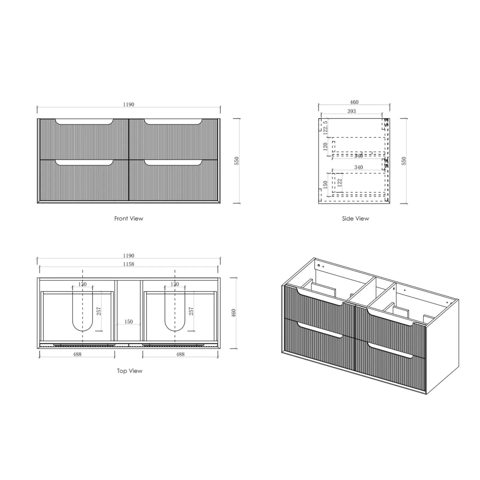 Technical Drawing Byron Fluted Woodland Oak Wall Hung Vanity with Matte White Top 1200mm Double Bowl All Drawers BYW1200L-DSTUD-MW - The Blue Space