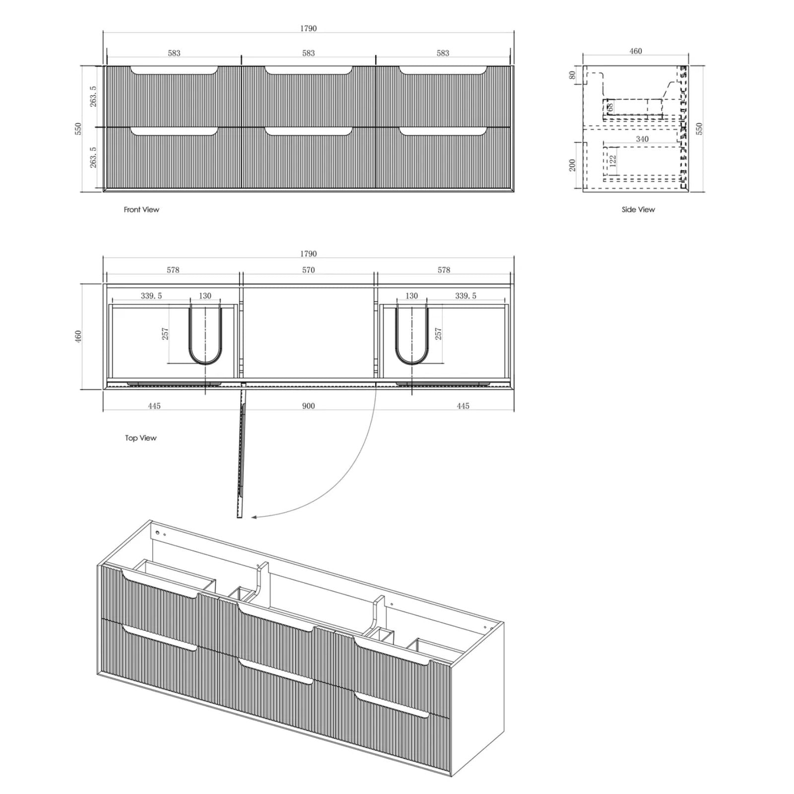 Technical Drawing Byron Fluted Woodland Oak Wall Hung Vanity with Cloudy Carrara Top 1800mm Double Bowl BYW1800LSTUD-CA - The Blue Space