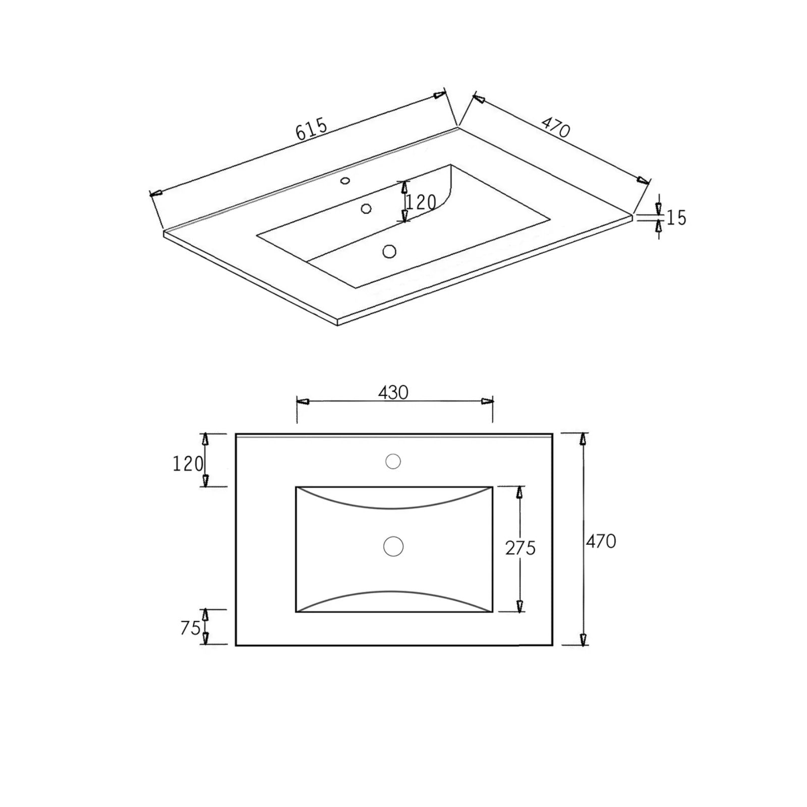 Top Technical Drawing Byron Fluted Woodland Oak Wall Hung Vanity with Ceramic Top 600mm Centre Bowl BYW600LCT - The Blue Space