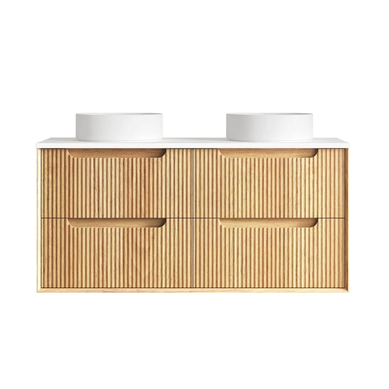 Byron Fluted Woodland Oak Wall Hung Vanity with Matte White Top 1200mm Double Bowl All Drawers BYW1200L-DSTUD-MW - The Blue Space