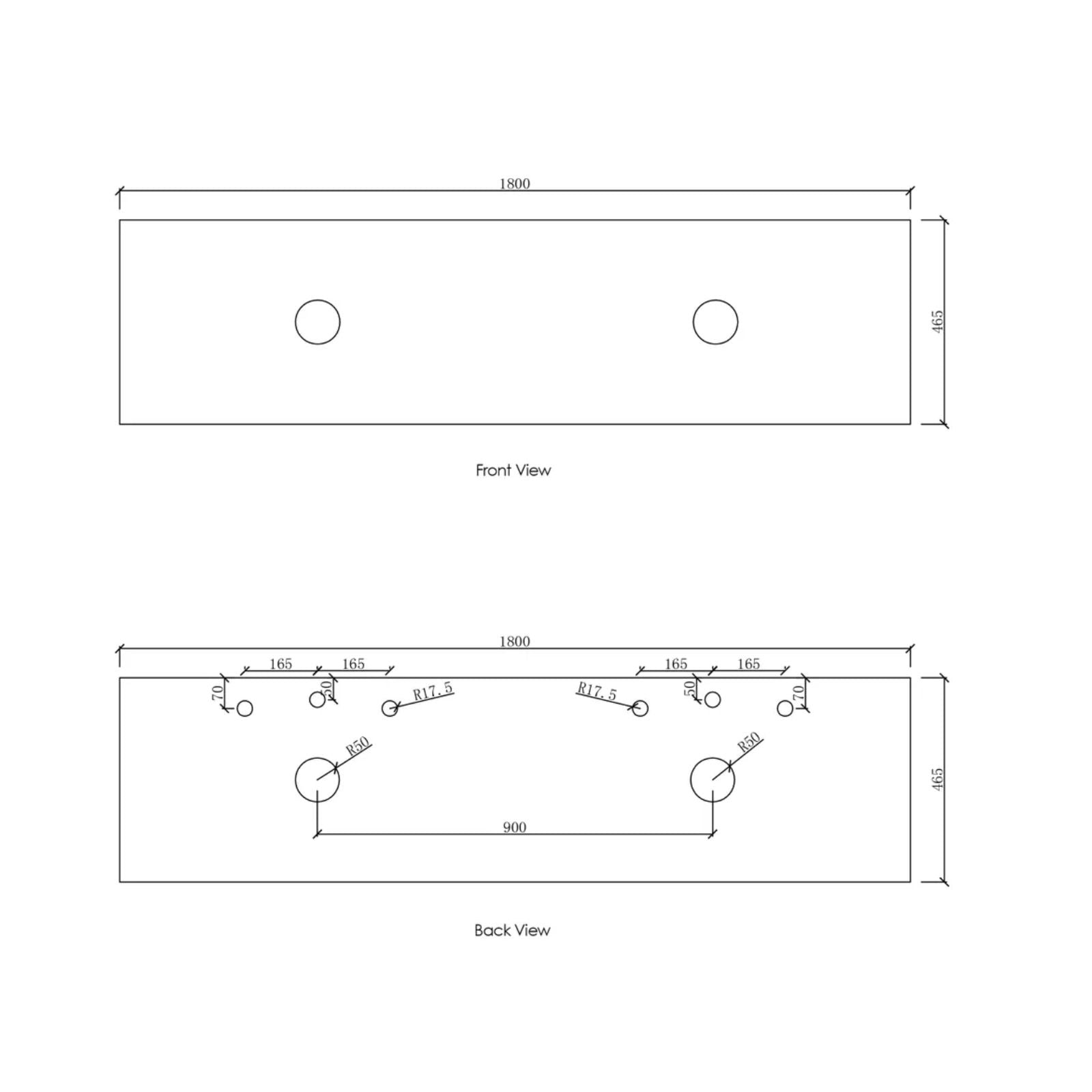 Top Technical Drawing Byron Fluted Woodland Oak Wall Hung Vanity with Matte White Top 1800mm Double Bowl BYW1800LSTUD-MW - The Blue Space