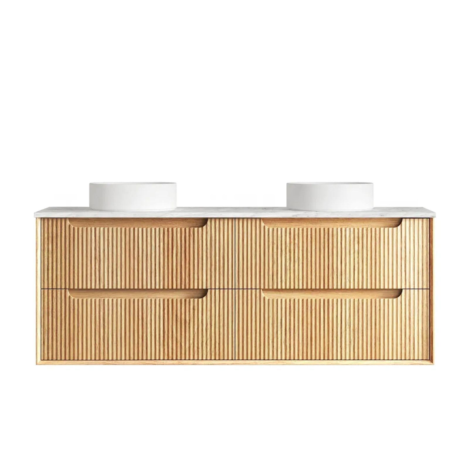 Byron Fluted Woodland Oak Wall Hung Vanity with Natural Carrara Marble Top 1500mm Double Bowl BYW1500LSTUD-NCA - The Blue Space