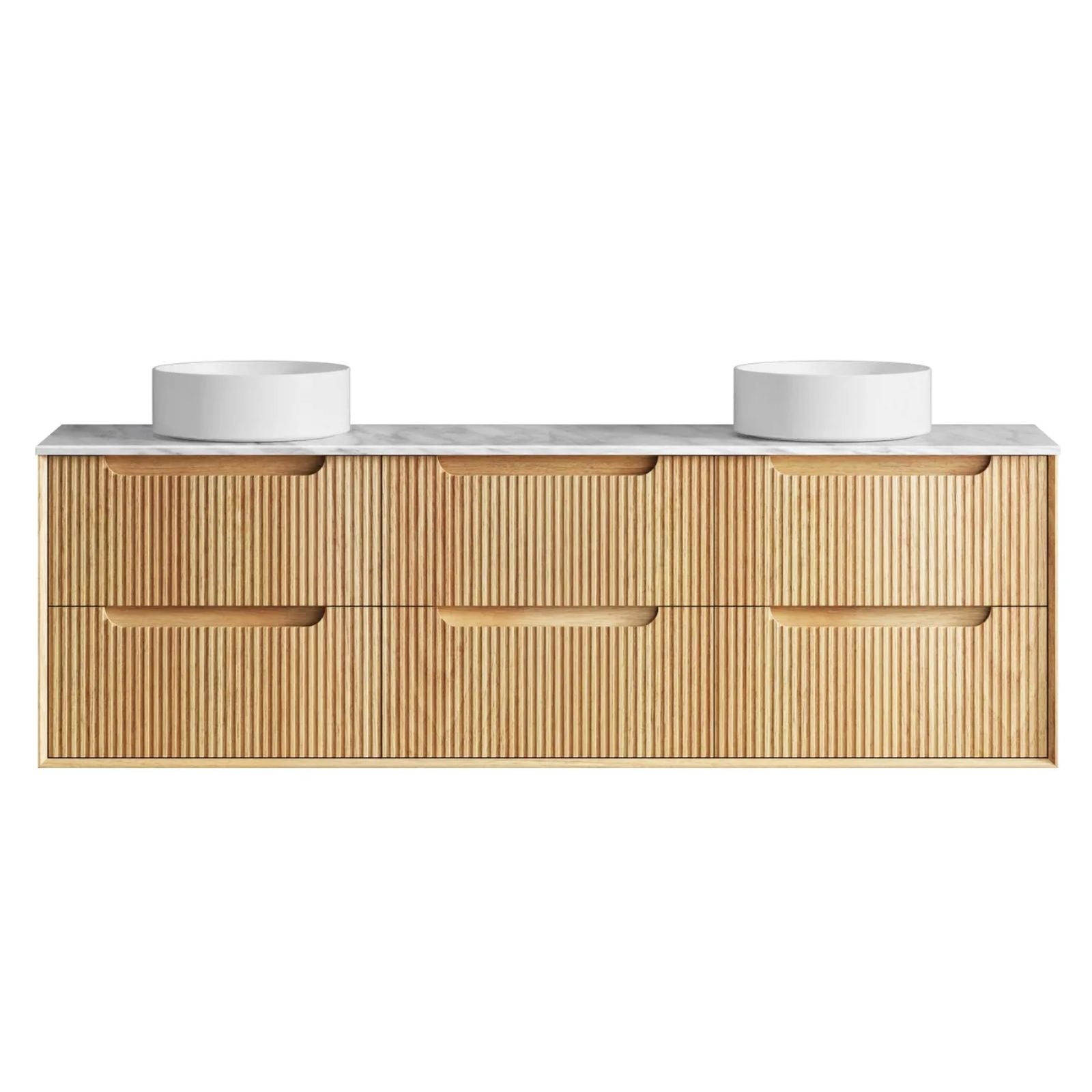 Byron Fluted Woodland Oak Wall Hung Vanity with Natural Carrara Marble Top 1800mm Double Bowl BYW1800LSTUD-NCA - The Blue Space