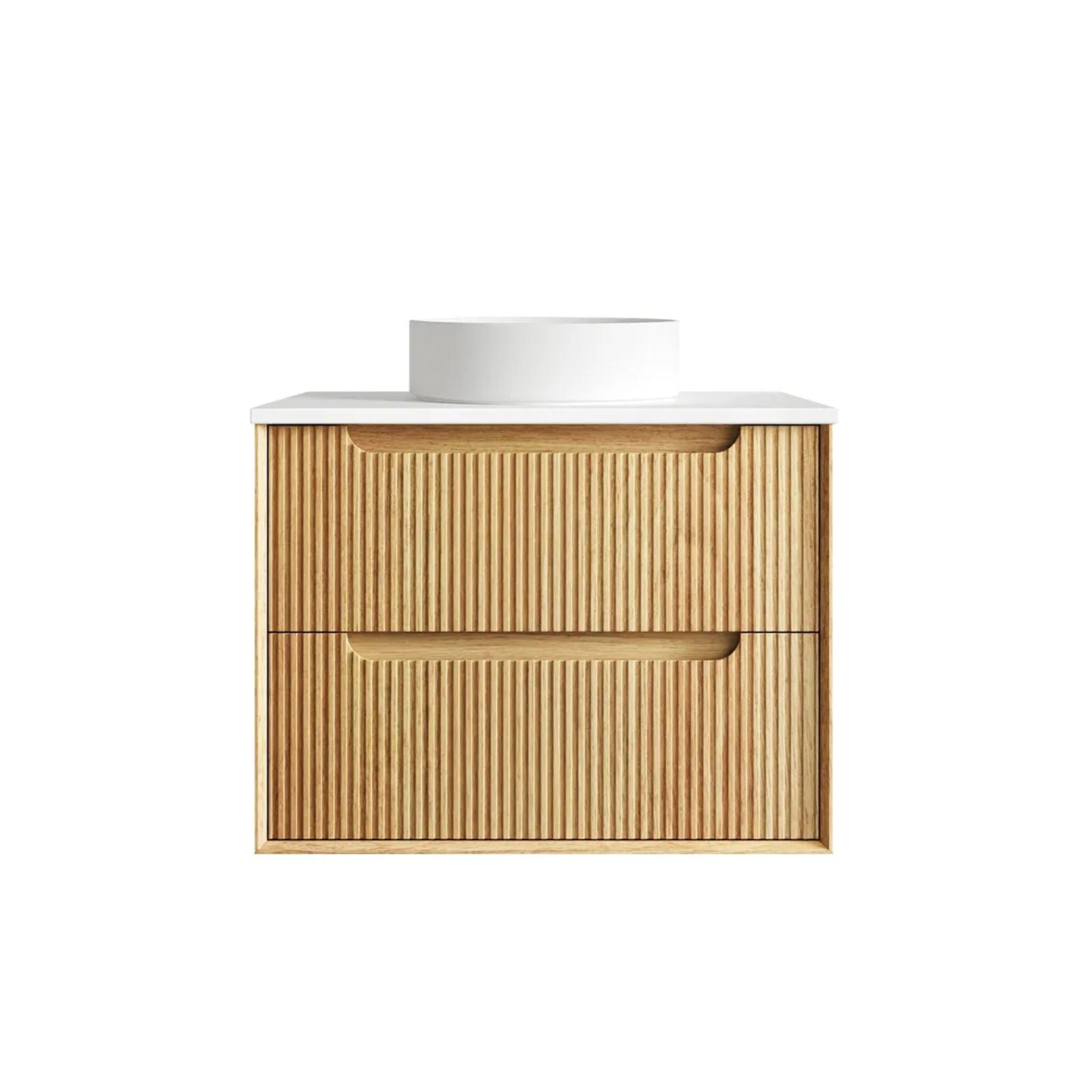 Byron Fluted Woodland Oak Wall Hung Vanity with Pure White Top 750mm Centre Bowl BYW750LSTUD-PW - The Blue Space