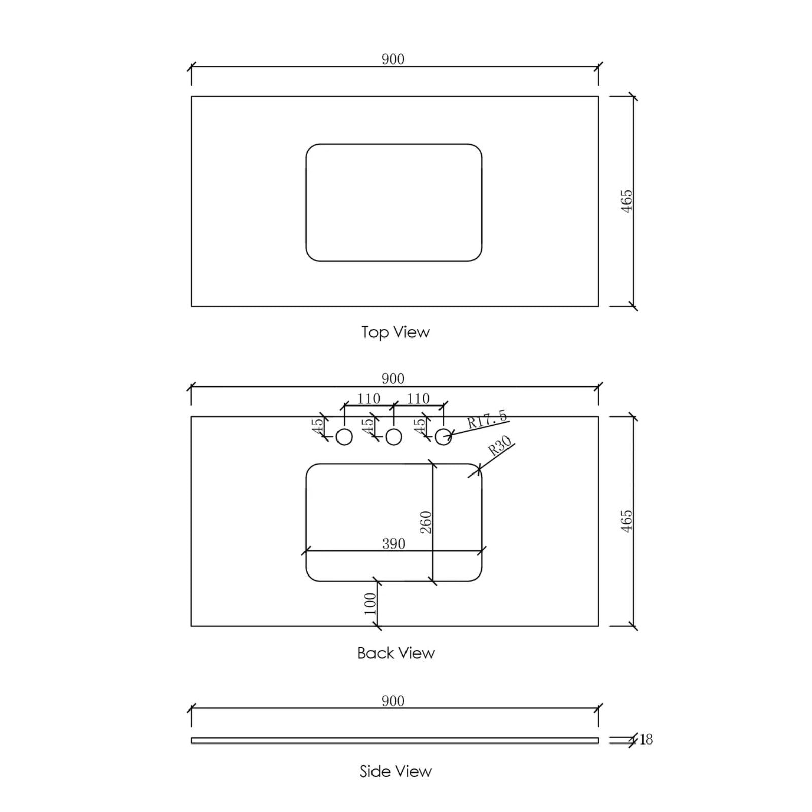 Technical Drawing Top Byron Fluted Woodland Oak Wall Hung Vanity with Undermount Natural Carrara Marble Top & Basin 900mm Centre Bowl BYW900LSTUD-NCA-UB - The Blue Space