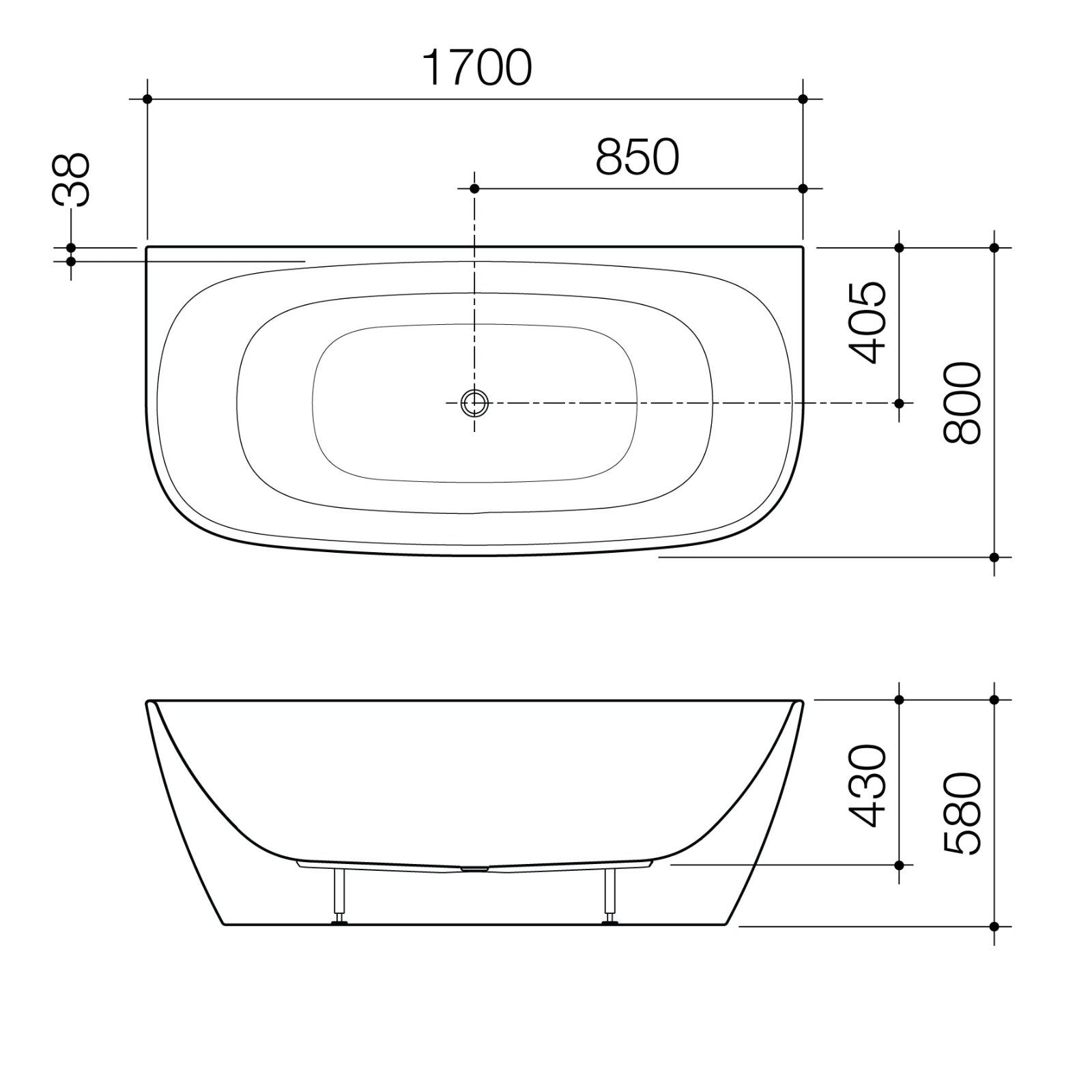 Technical Drawing Caroma Contura II 1700mm Back to Wall Freestanding Bath - White CII7WFW - The Blue Space