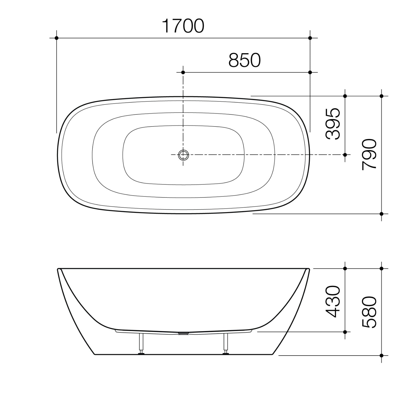 Technical Drawing Caroma Contura II 1700mm Freestanding Bath - White CII7FSW - The Blue Space