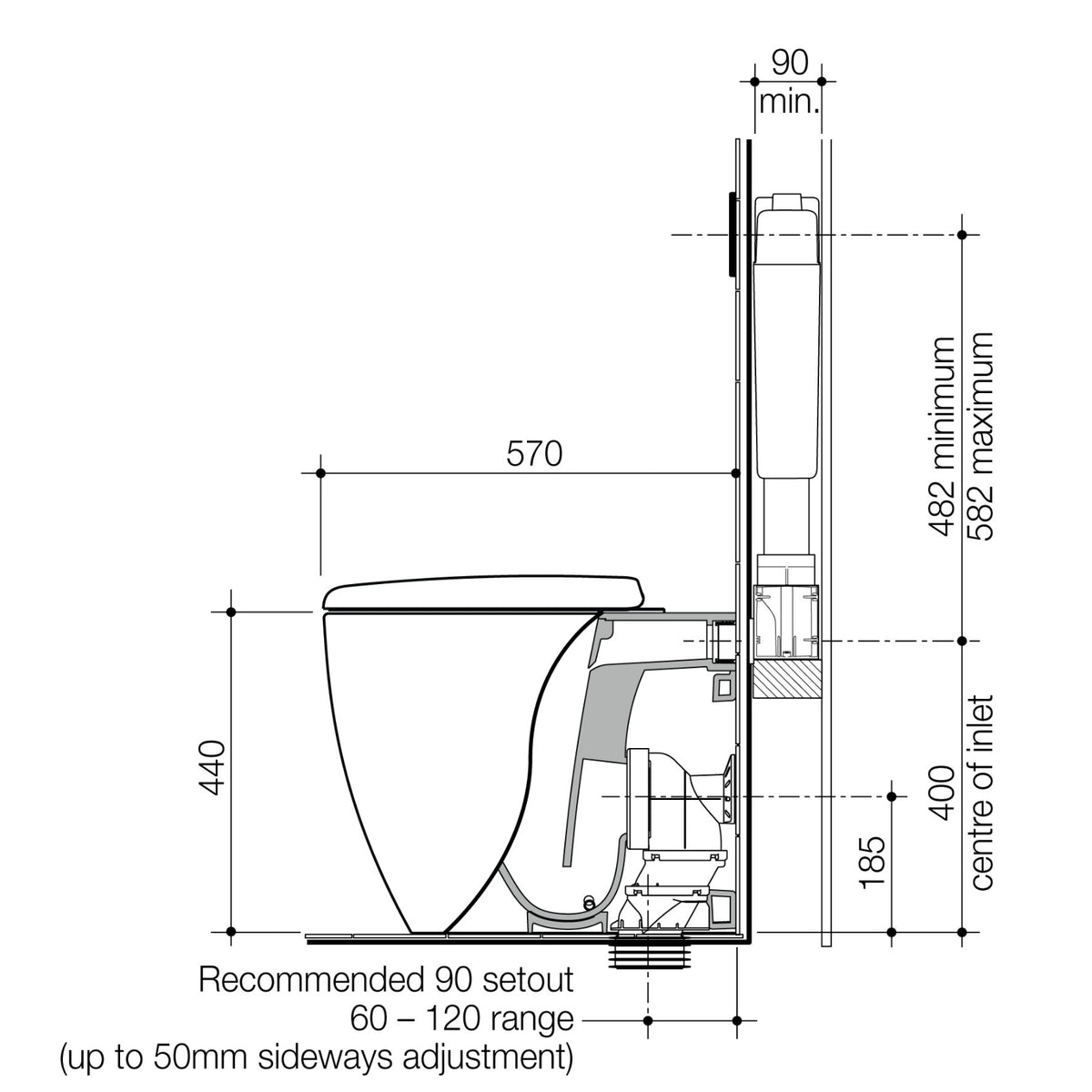 Technical Drawing Caroma Contura II Cleanflush Invisi Series II Wall Faced Suite - Matte White 848901MW - The Blue Space
