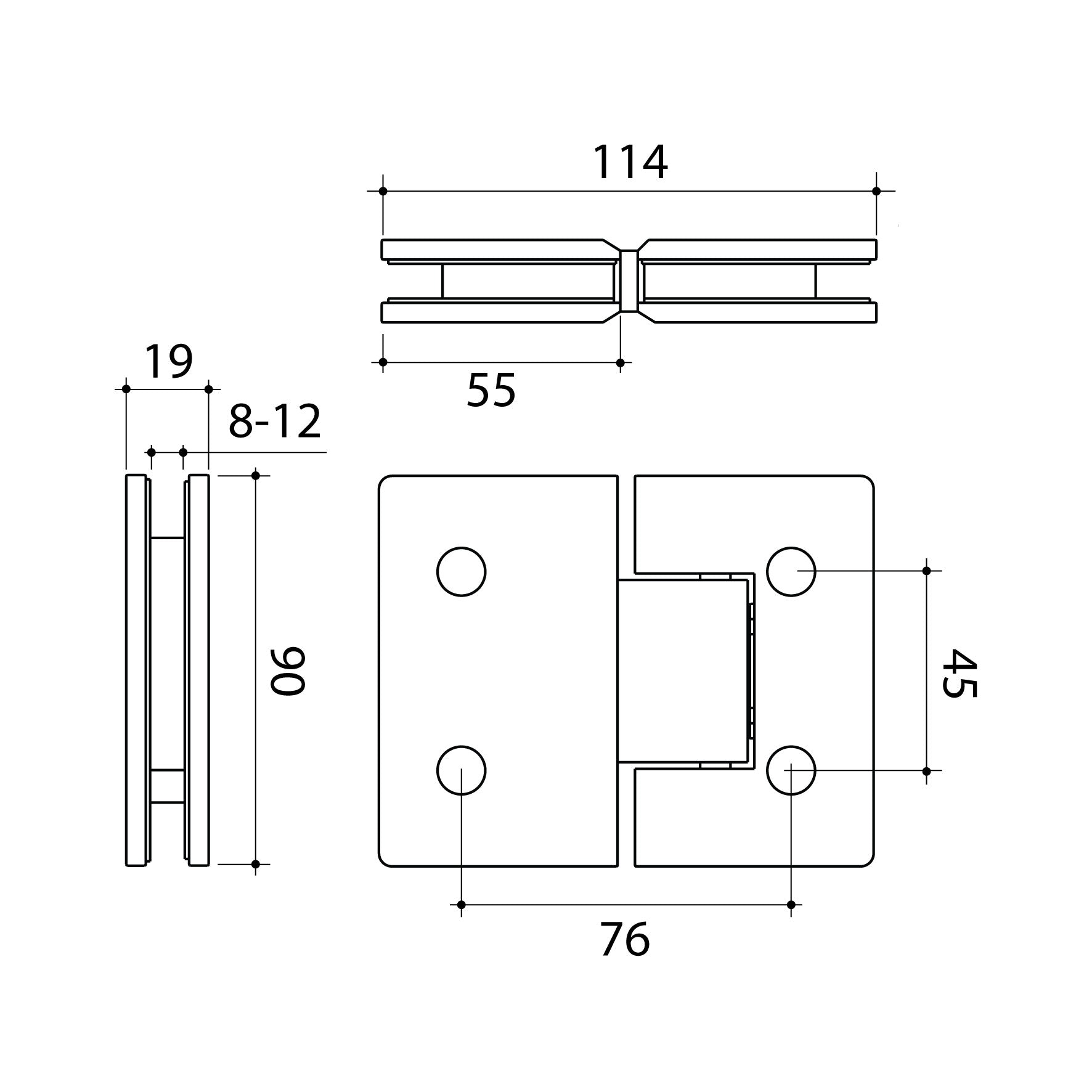 Technical Drawing Caroma Glass to Glass Shower Door Hinge Brushed Brass 14228016BB - The Blue Space