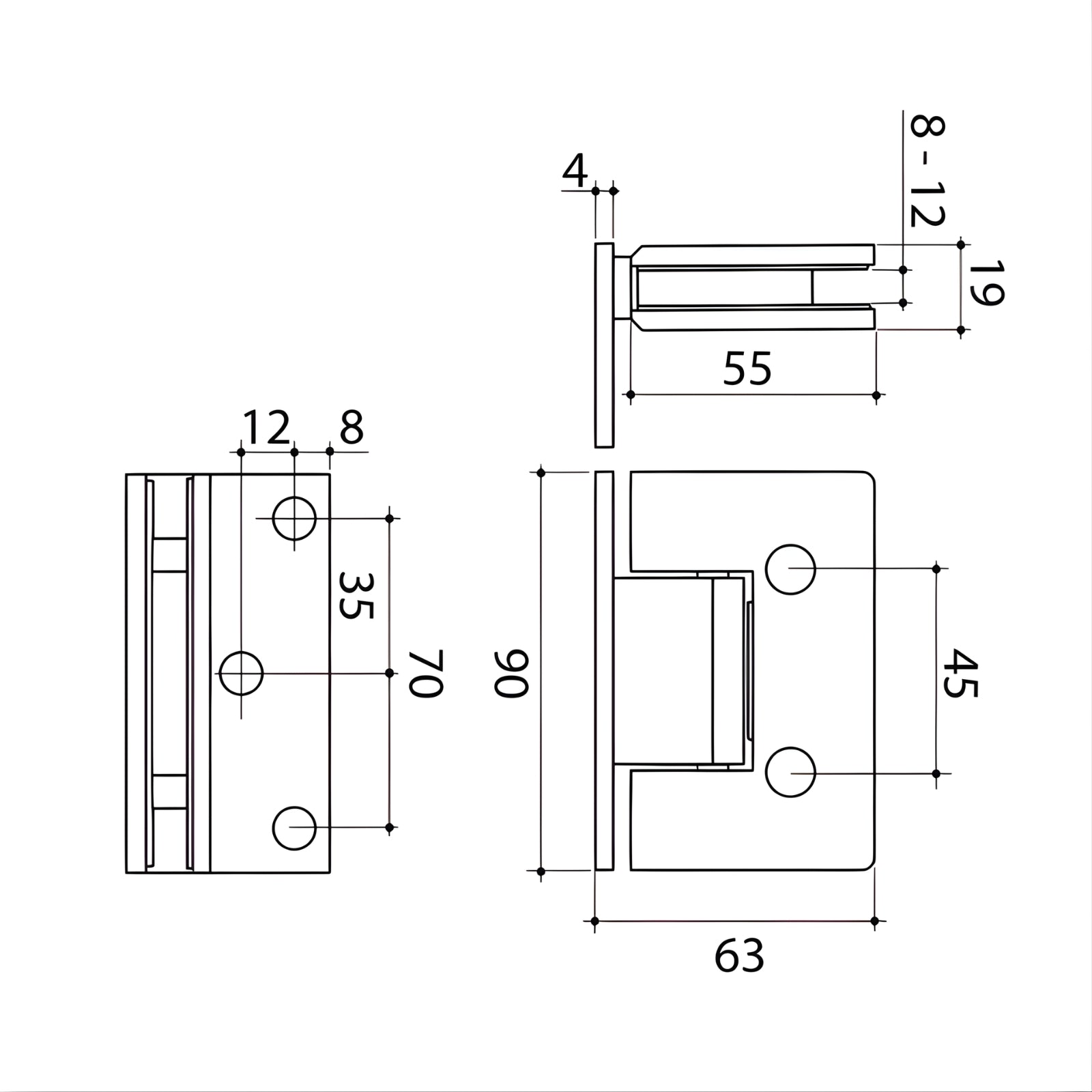 Technical Drawing Caroma Glass to Wall Shower Door Hinge Matte Black 14228004B - The Blue Space