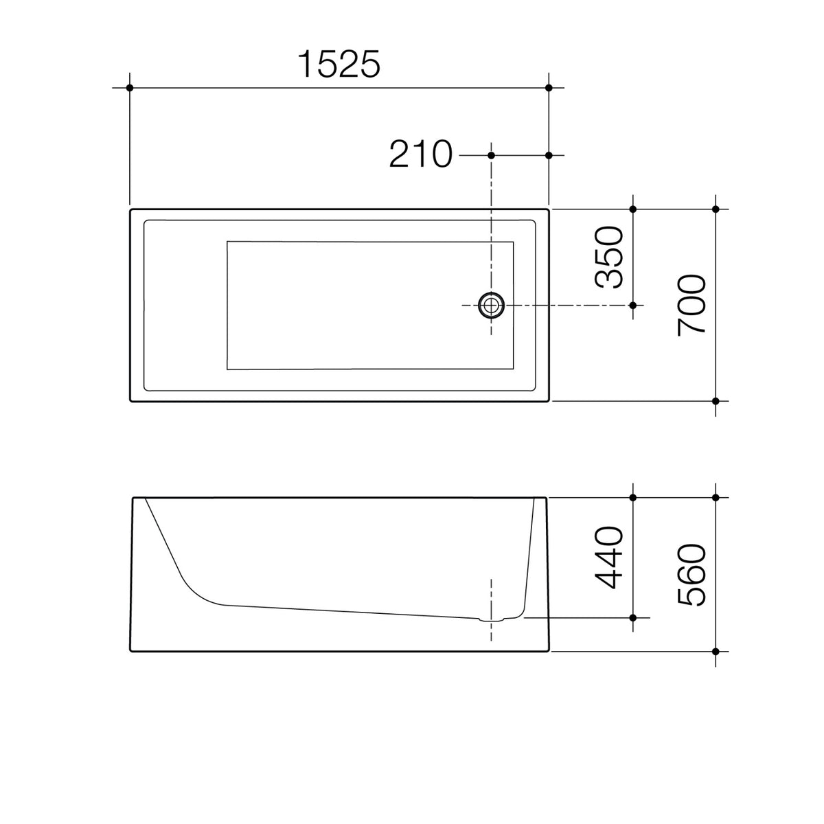 Technical Drawing Caroma Liano Freestanding Bath 1525mm LN5WFW - The Blue Space