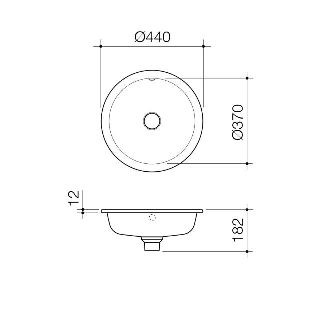 Technical Drawing Caroma Liano II 440mm Round Under/Over Counter Basin - White (with Overflow) 852605W - The Blue Space