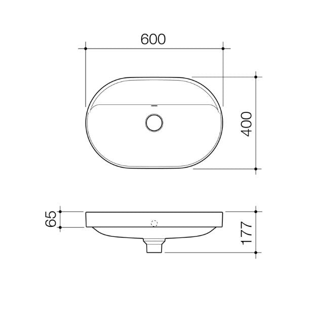 Technical Drawing Caroma Liano II 600mm Pill Inset Basin with Tap Landing (0 Tap Hole) - Matte Black (with Overflow) 853105MB - The Blue Space