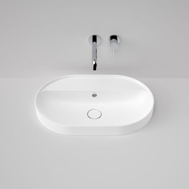 Front Caroma Liano II 600mm Pill Inset Basin with Tap Landing (0 Tap Hole) - White (with Overflow) 853105W - The Blue Space