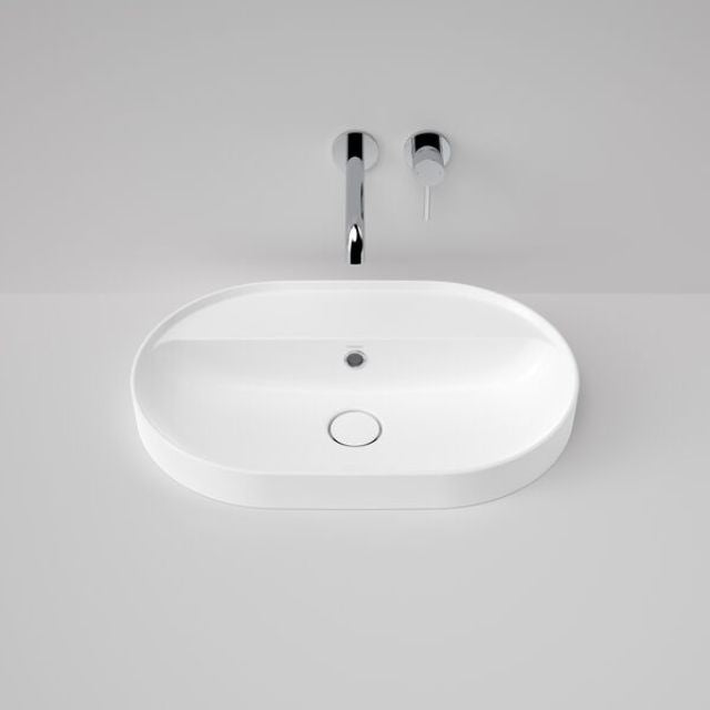 Front with ring Caroma Liano II 600mm Pill Inset Basin with Tap Landing (0 Tap Hole) - White (with Overflow) 853105W - The Blue Space