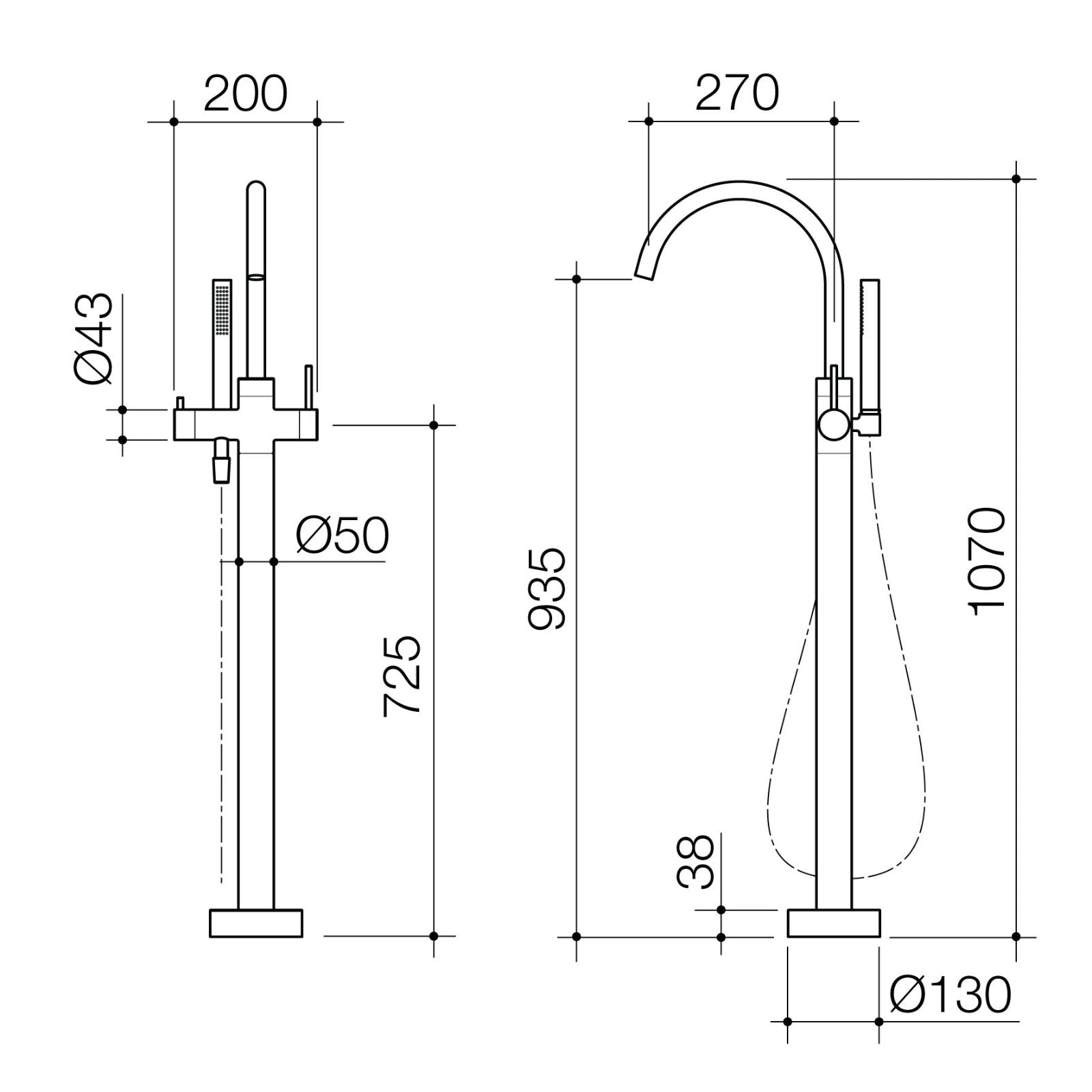 Technical Drawing Caroma Liano II Freestanding Bath Filler with Hand Shower Gunmetal - Full Kit 96409GM - The Blue Space