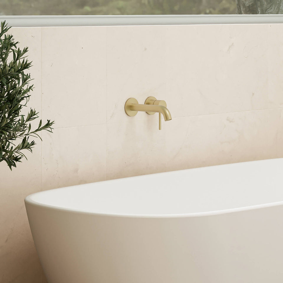 Caroma Liano II Lead Free Wall Basin/Bath Mixer Set Brushed Brass