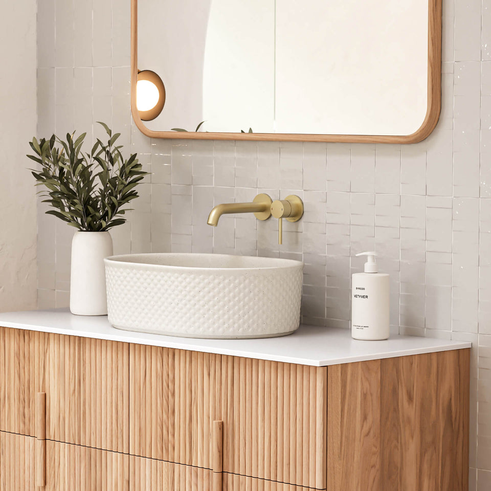 Caroma Liano II Lead Free Wall Basin/Bath Mixer Set Brushed Brass