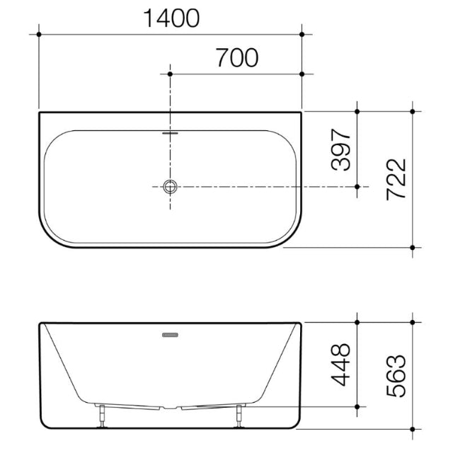 Technical Drawing Caroma Luna Back To Wall Bath 1400mm LU4WFW - The Blue Space
