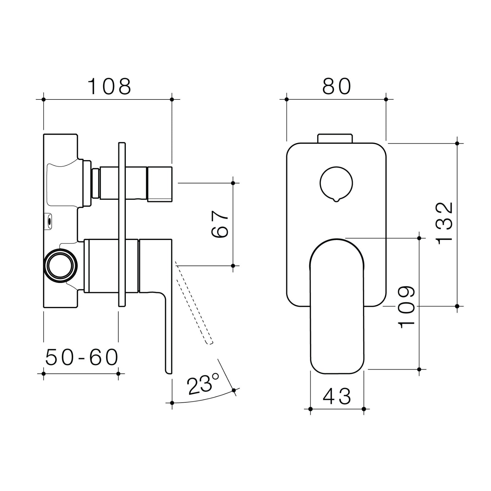 Technical Drawing Caroma Luna II Bath/Shower Mixer with Diverter - Chrome 68202C - The Blue Space