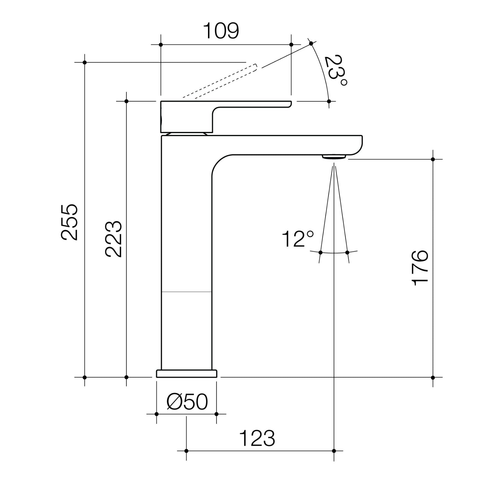 Technical Drawing Caroma Luna II Mid Basin Mixer - Satin Black 68199BL6AF - The Blue Space
